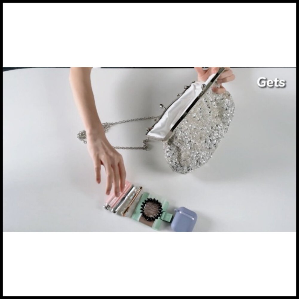 Elegant Beaded Sequin Floral Clutch Bag Detachable Wristlet Evening Purse - Picture 7 of 7